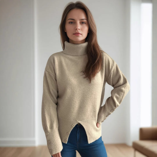 Damen modischer Rollkragenpullover mit Knopfdetails und asymmetrischem Saum Heidi-Mode