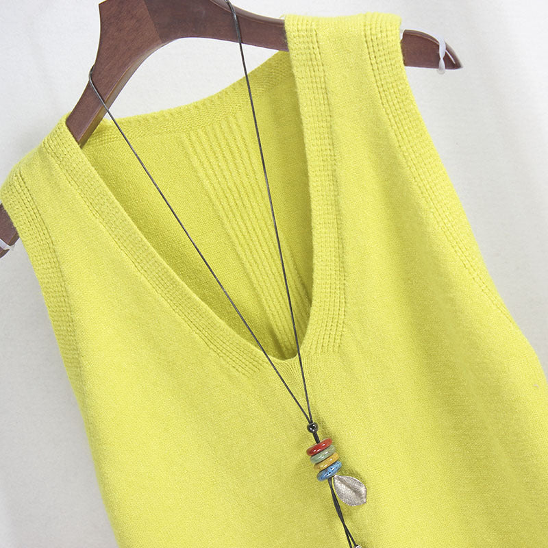 Damen Ärmelloses Stricktop mit V-Ausschnitt und Feinstrickstruktur Heidi-Mode