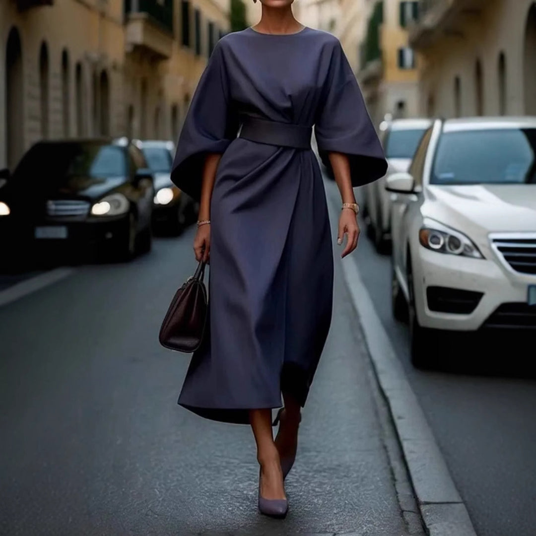 Damen Maxikleid mit eleganten Puffärmeln und Taillengürtel Heidi-Mode