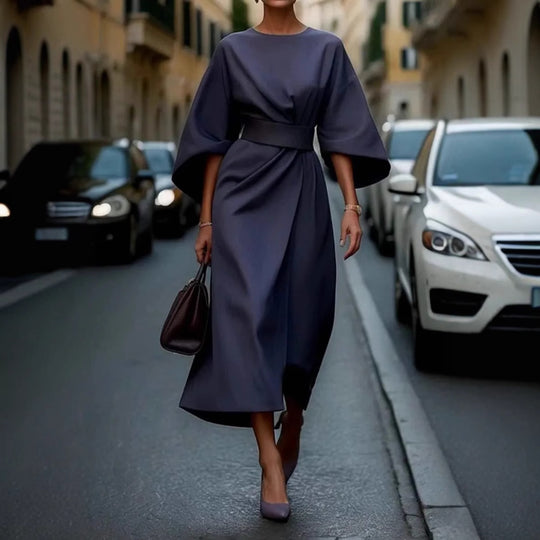 Damen Maxikleid mit eleganten Puffärmeln und Taillengürtel Heidi-Mode