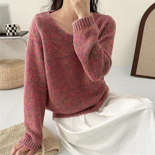 Damen leichter Strickpullover mit V-Ausschnitt und voluminösen Ärmeln Heidi-Mode