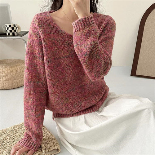 Damen leichter Strickpullover mit V-Ausschnitt und voluminösen Ärmeln Heidi-Mode