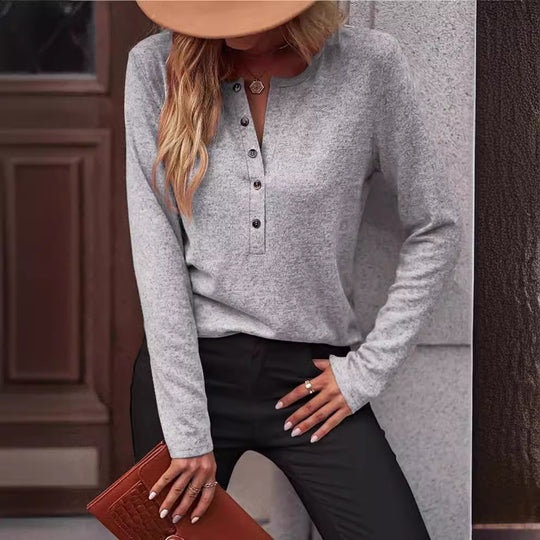 Damen Bequemes Langarmshirt mit Knopfdetail Heidi-Mode