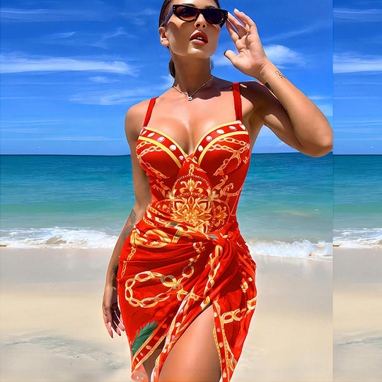 Damen Strandkleid mit elegantem Wickel-Design und auffälligem Muster Heidi-Mode