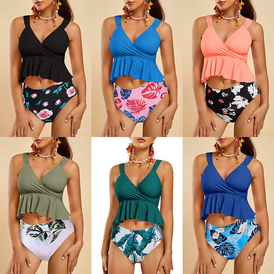 Damen Bademoden Set mit Rüschen und buntem Blatt-Muster Heidi-Mode