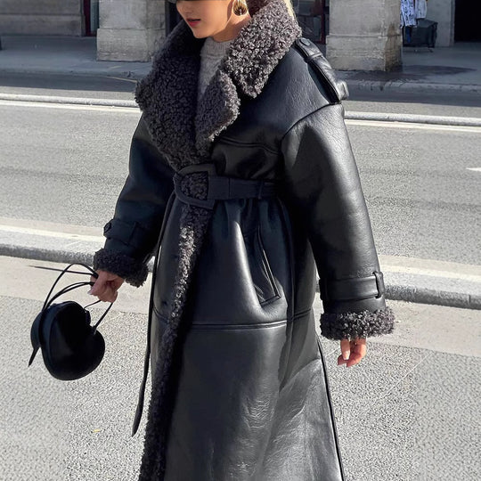 Damen Oversized Kunstledermantel mit strukturiertem Innenfutter Heidi-Mode