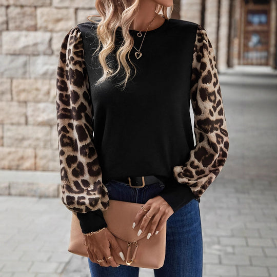Damen Sweatshirt mit modischen Leopardenärmeln Heidi-Mode