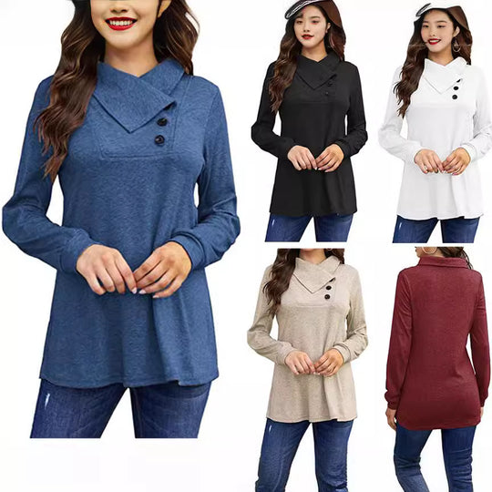 Damen asymmetrisches Sweatshirt mit hohem Kragen und praktischen Knopfdétails Heidi-Mode