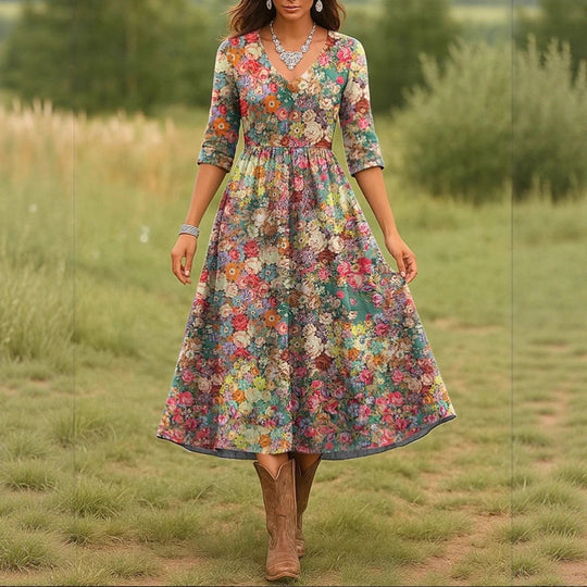 Damen Maxikleid mit floralem Design und elegantem V-Ausschnitt Heidi-Mode