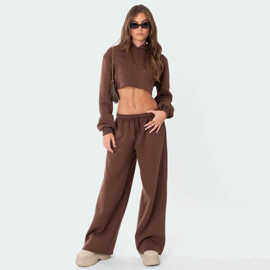 Damen Sportliches Cropped Hoodie und weite Jogginghose Set Heidi-Mode