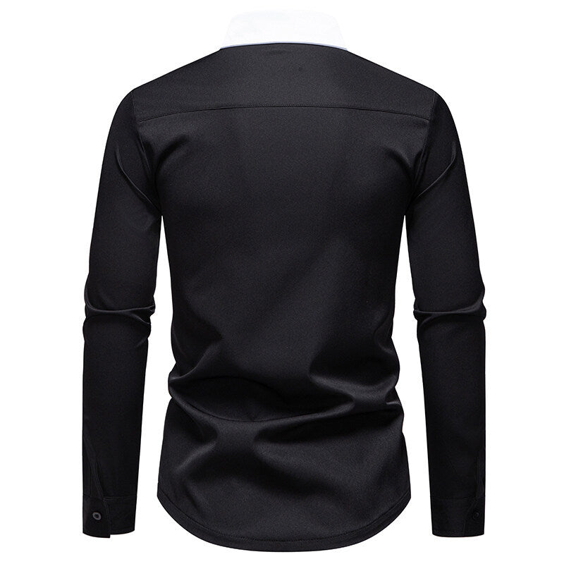 Herren modisches Langarmshirt mit stylischem Stehkragen und kontrastierenden Paspeln Heidi-Mode