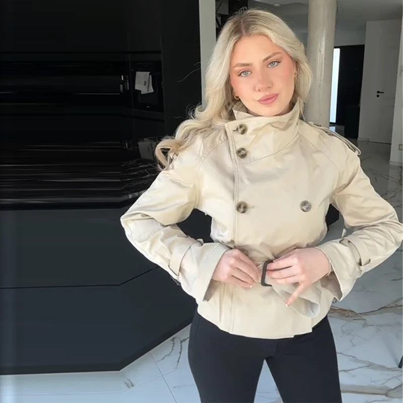 Damen Eleganter Kurz-Trenchcoat mit doppelter Knopfleiste und Taillengürtel Heidi-Mode