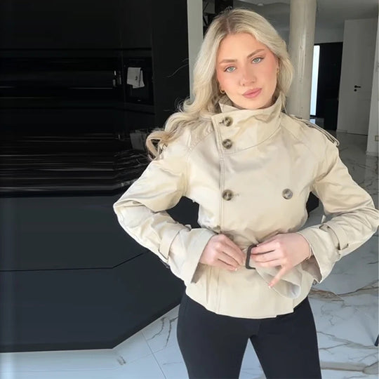 Damen Eleganter Kurz-Trenchcoat mit doppelter Knopfleiste und Taillengürtel Heidi-Mode