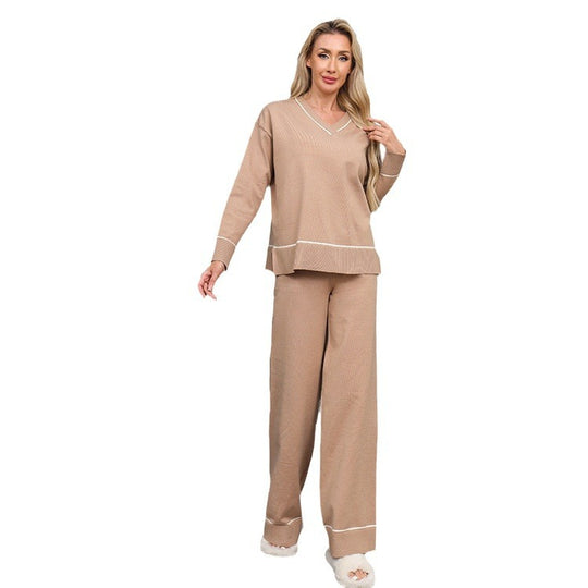 Damen entspannendes Loungewear-Set mit V-Ausschnitt und breiten Hosen Heidi-Mode