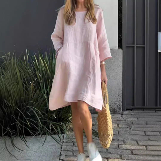 Heidi-Mode | Lässig Einfarbig Lose Taschen Baumwoll-Leinen Kleid