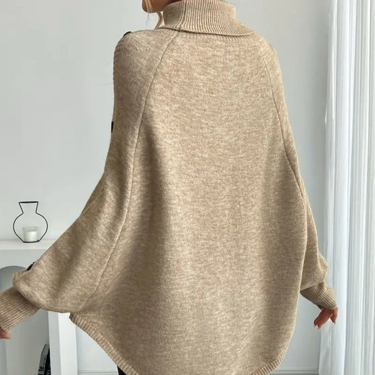 Damen Eleganter Strickponcho mit Rollkragen und Zopfmuster Heidi-Mode