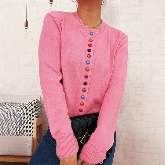 Damen stilvolle Strickjacke mit bunten Knöpfen Heidi-Mode