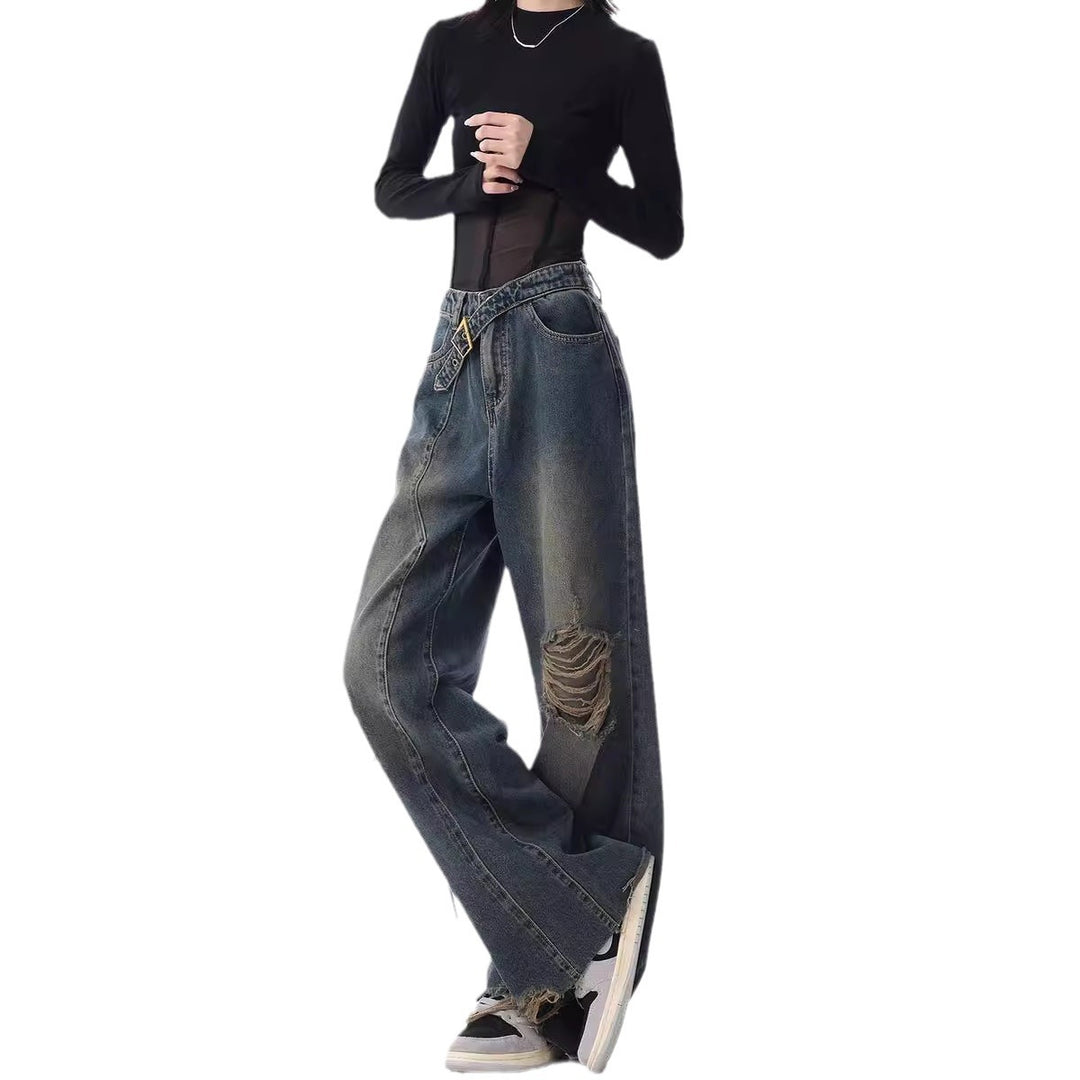 Damen Weite High-Waist Jeans im lässigen Used-Look mit modischen Rissen Heidi-Mode