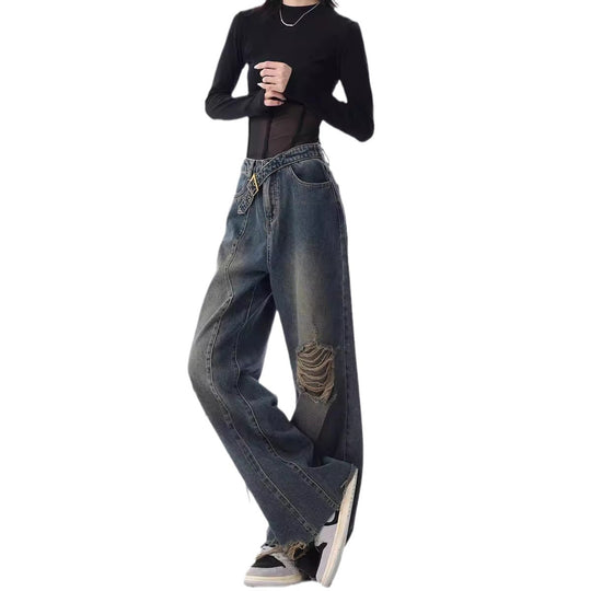 Damen Weite High-Waist Jeans im lässigen Used-Look mit modischen Rissen Heidi-Mode