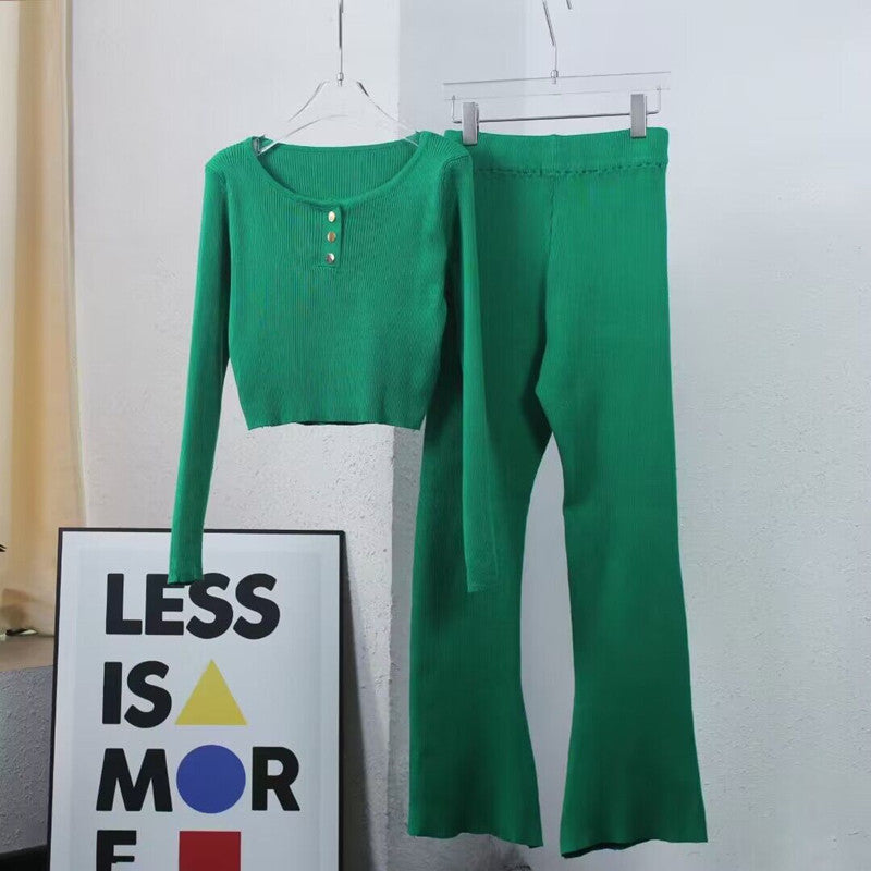 Damen lässiges Strick-Loungewear-Set mit Knopfdetails und weitem Bein Heidi-Mode
