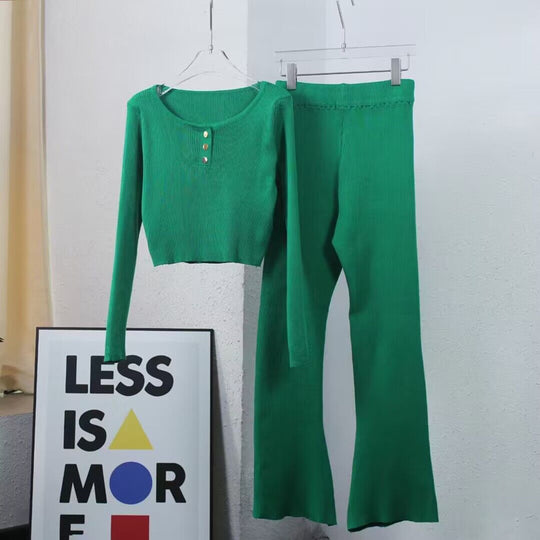 Damen lässiges Strick-Loungewear-Set mit Knopfdetails und weitem Bein Heidi-Mode
