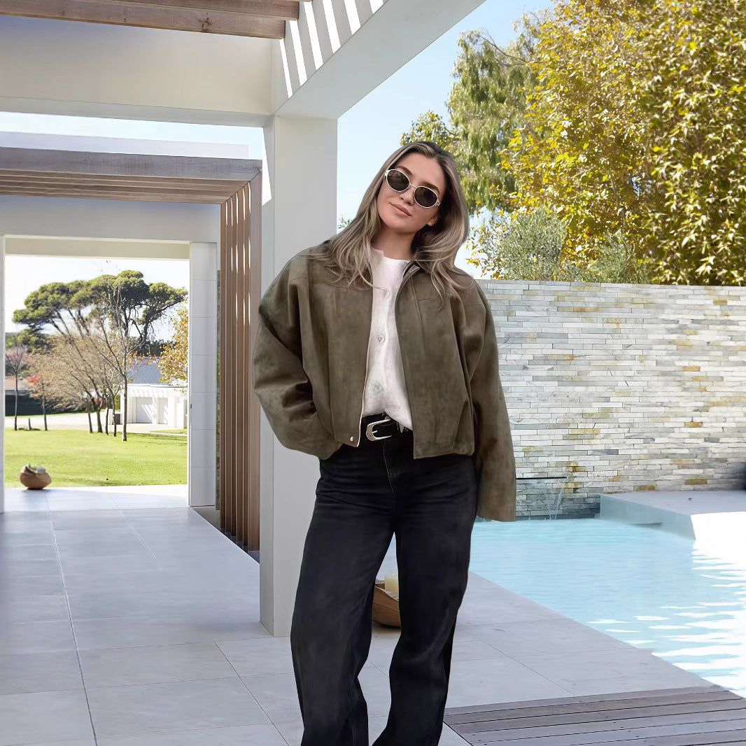 Damen Oversized Freizeitjacke aus hochwertigem Wildlederimitat mit dekorativen Details Heidi-Mode
