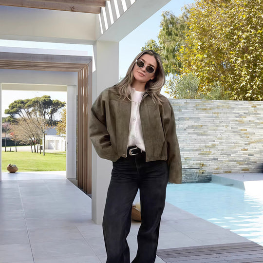 Damen Oversized Freizeitjacke aus hochwertigem Wildlederimitat mit dekorativen Details Heidi-Mode