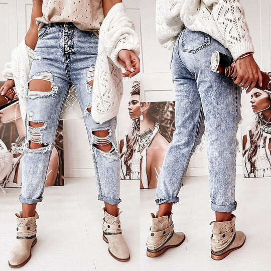 Damen Boyfriend-Jeans mit Destroyed-Details und hohem Komfortbund Heidi-Mode