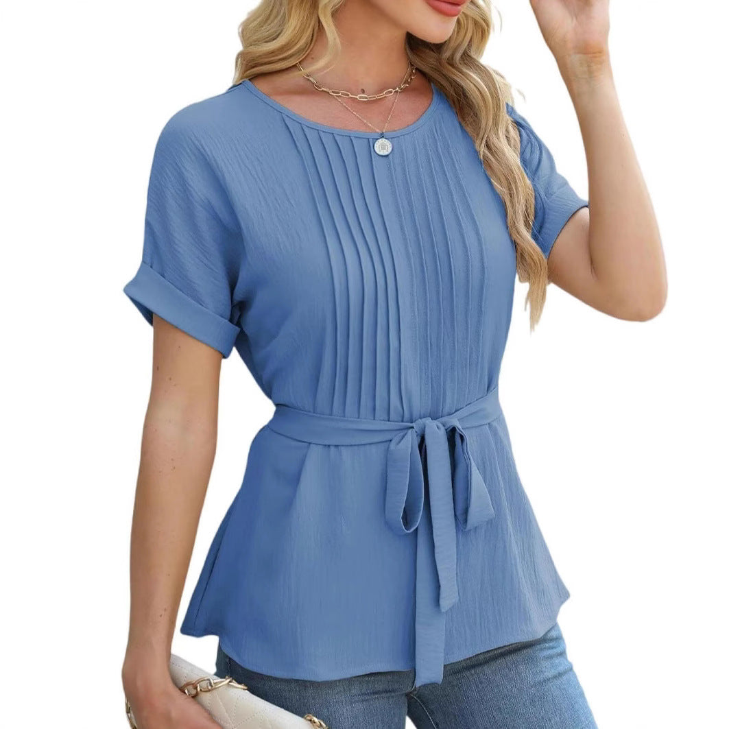 Damen modisches Blusenshirt mit eleganten Plisseedetails und Taillengürtel Heidi-Mode