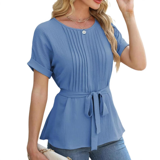 Damen modisches Blusenshirt mit eleganten Plisseedetails und Taillengürtel Heidi-Mode