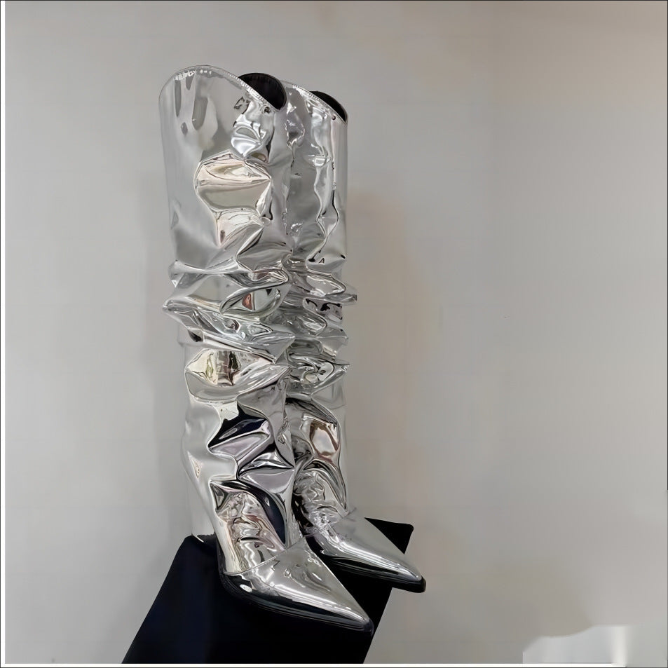 Femme Hochglanz Schluffige Oberschenkelhohe Stiletto Stiefel Heidi-Mode