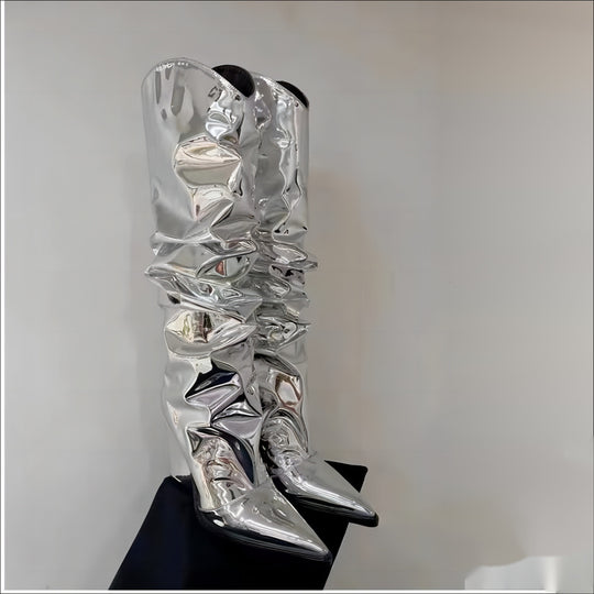 Femme Hochglanz Schluffige Oberschenkelhohe Stiletto Stiefel Heidi-Mode