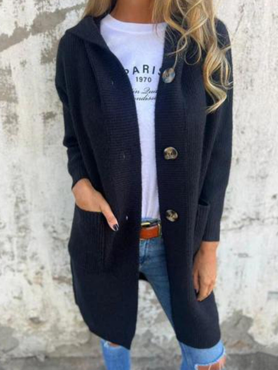 Damen Strickmantel mit Kapuze und Knöpfen Heidi-Mode