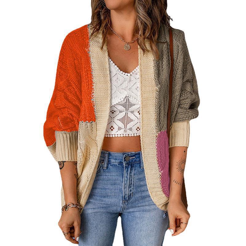 Damen lässige Strickjacke mit buntem Patchwork-Design und weitem Schnitt Heidi-Mode