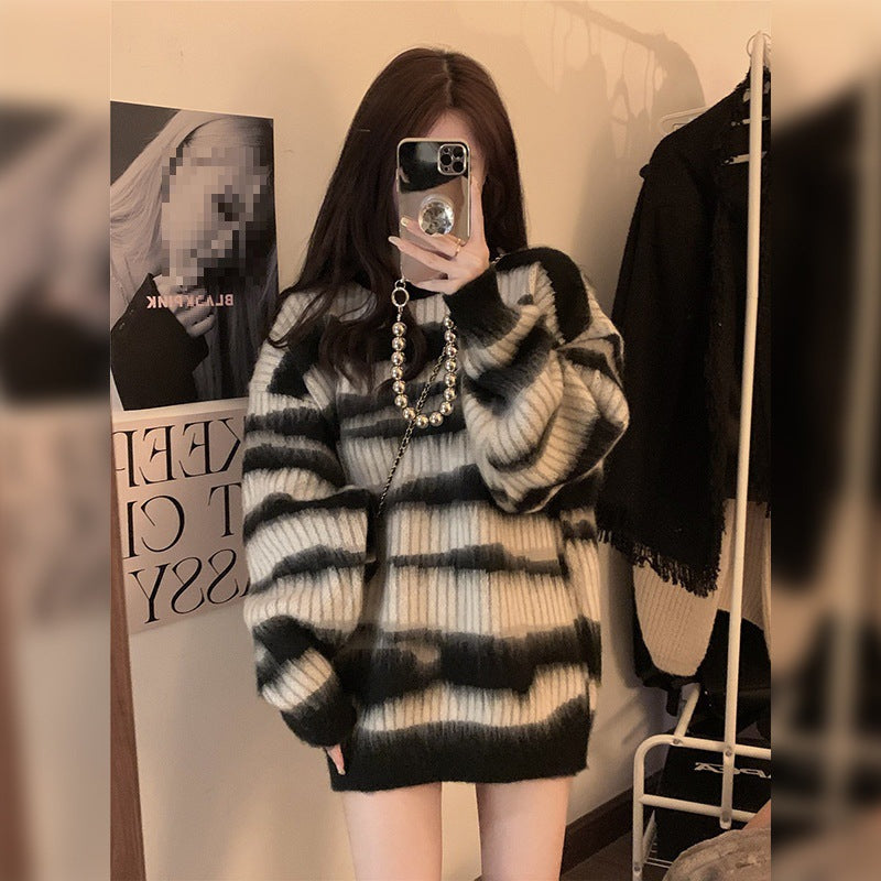 Damen Grobstrickpullover mit modernem Blockstreifenmuster und lockerer Passform Heidi-Mode
