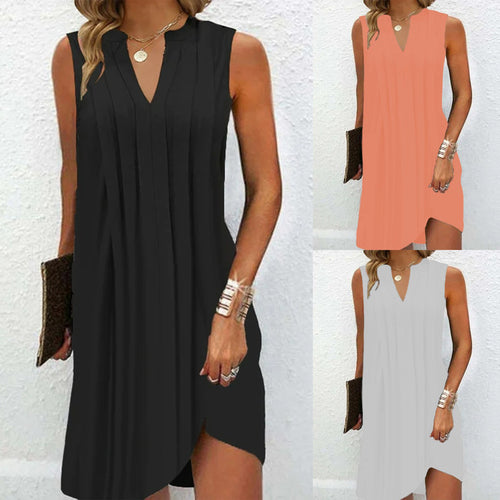 Damen elegantes, ärmelloses Kleid mit V-Ausschnitt und asymmetrischem Saum Heidi-Mode