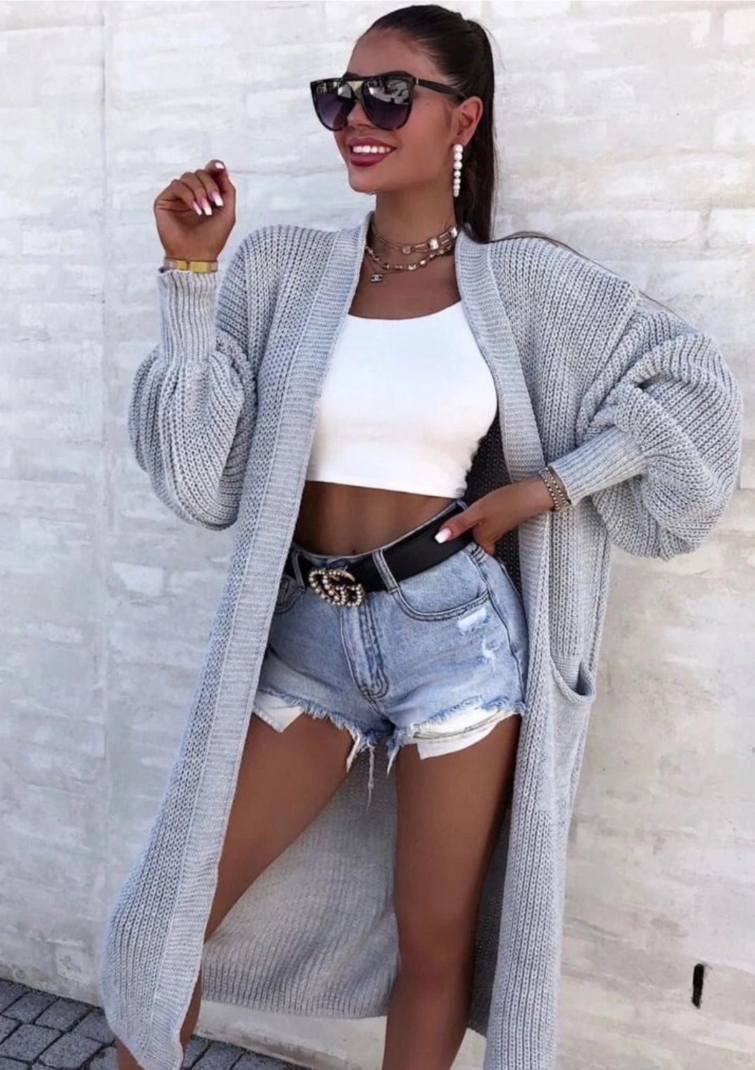 Damen Langer Strickcardigan mit weiten Ärmeln und praktischen Taschen Heidi-Mode