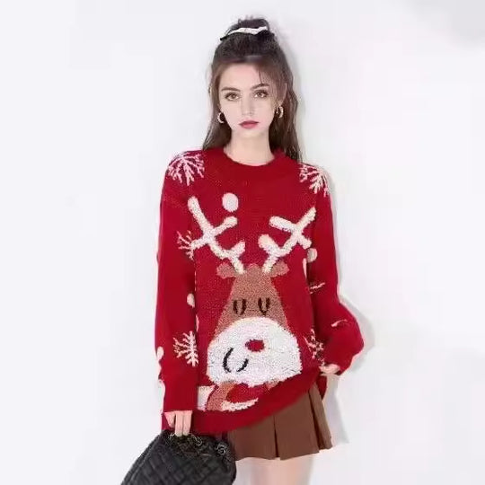 Damen festlicher Strickpullover mit Rentier-Motiv und Schneeflocken Heidi-Mode