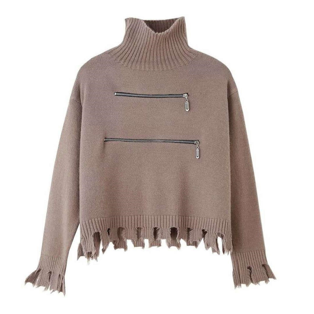 Damen stylischer Stehkragenpullover mit zwei asymmetrischen Reißverschlusstaschen und fransigem Saum Heidi-Mode