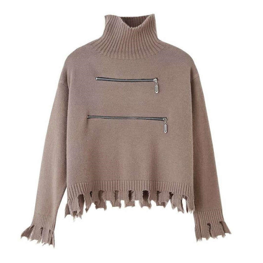 Damen stylischer Stehkragenpullover mit zwei asymmetrischen Reißverschlusstaschen und fransigem Saum Heidi-Mode
