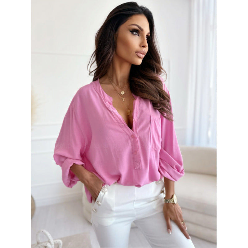 Femme Leichte Button-Up Bluse mit hochkrempelbaren Ärmeln Heidi-Mode