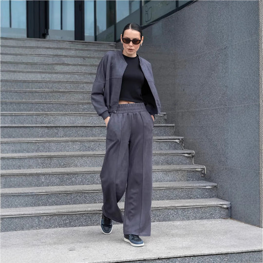 Damen Sportliche Loungewear-Jacke und weite Hose mit elastischem Bund Heidi-Mode