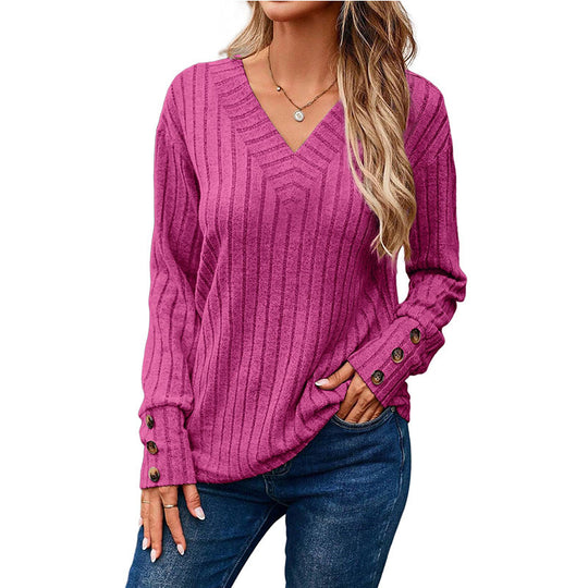 Damen V-Ausschnitt Pullover mit dekorativem Streifenmuster und Knopfdetails Heidi-Mode