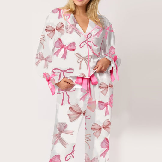 Damen Schlafanzug-Set mit niedlichen Schleifenmotiven Heidi-Mode