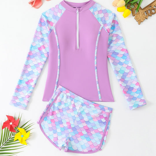 Damen Surfanzug-Set mit langer Raglanärmel und farbenfrohem Schuppenmuster Heidi-Mode