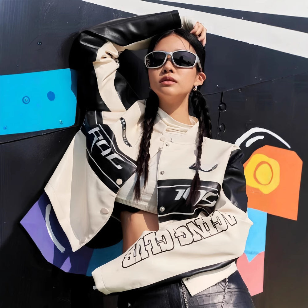 Damen cropped Bikerjacke mit einzigartigen Grafikdetails Heidi-Mode