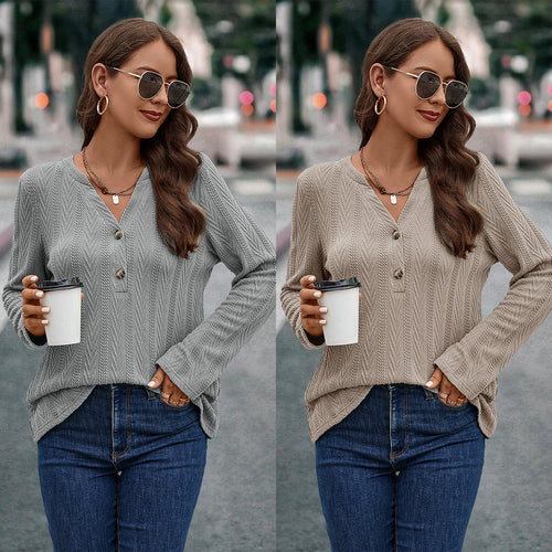 Damen Langarmbluse mit strukturiertem Muster und Knopfdetail Heidi-Mode