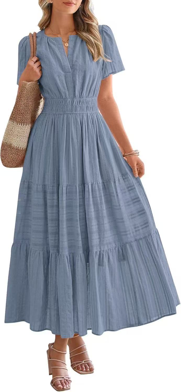 Damen Maxikleid mit modischem V-Ausschnitt und luftigen Rüschen Heidi-Mode