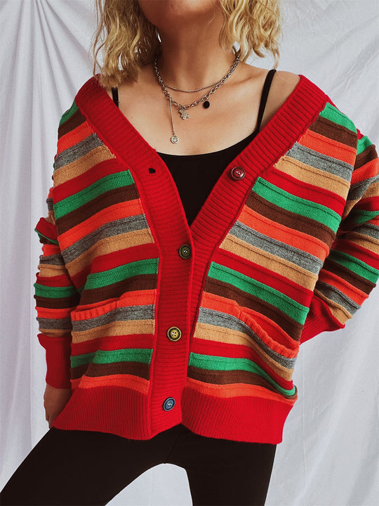 Damen Strickjacke mit buntem Streifenmuster und knöpfbarem Design Heidi-Mode
