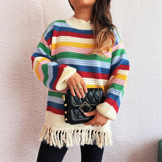 Damen entzückender Pullover mit Fransen und buntem Streifenmuster Heidi-Mode   